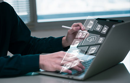 Businessman working on laptop computer,online electronic document information database,digital file cloud storage system or software, online compliance rules user management,business platform control
