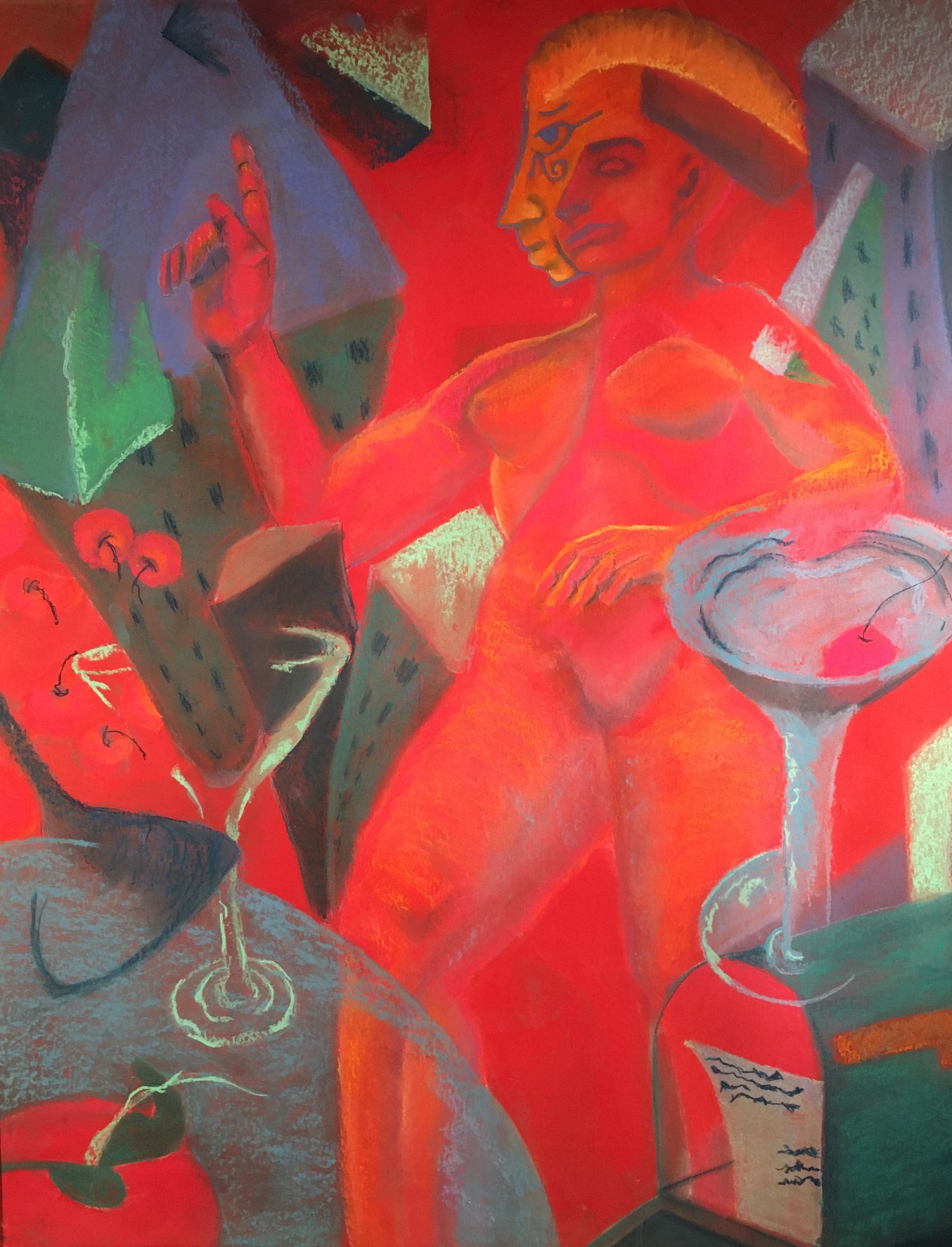 A pastel drawing of a nude female figure viewed from a low angle. The head is unfinished and pared on top is a profile that contains an eye of Horus. The figure and the background are a vibrant red color and there are geometric structures that diminish in arching perspective from a birds eye view. Broken line martini glasses with cherries are in the foreground along with an open mailbox with a no-descript letter. There is a lot of play with opacity and overlap throughout the work.