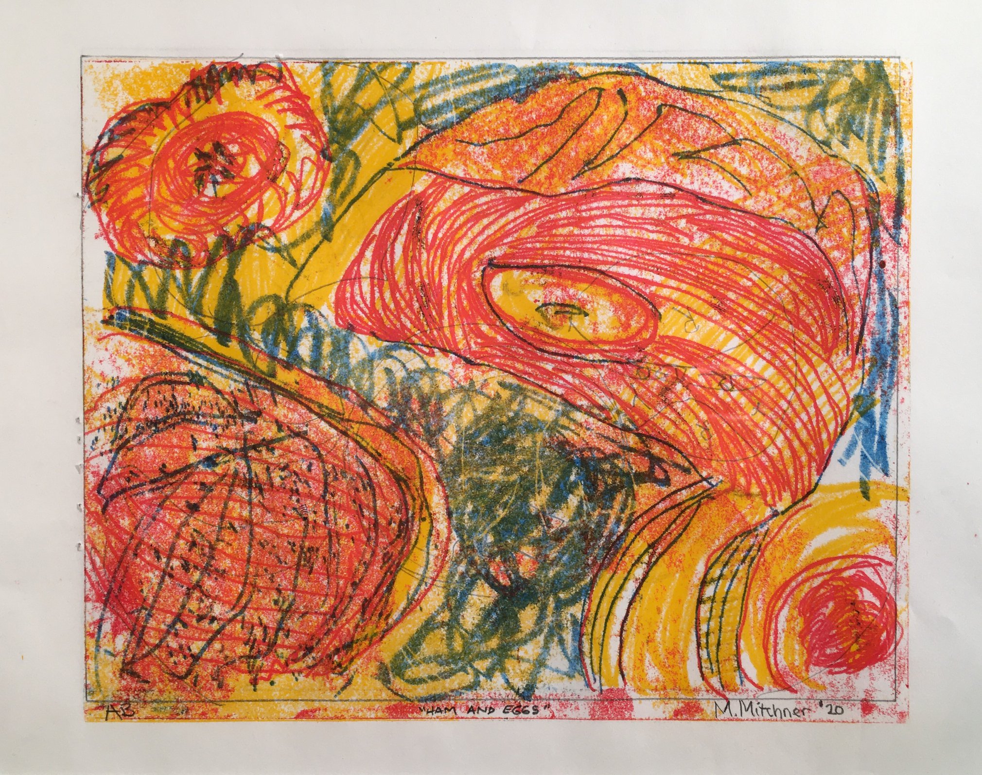 This print contains loose, quick mark-making with loose organic shapes. A yellow background four red shapes reminiscent of cellular structures. The space in between contains blue scribbles. 