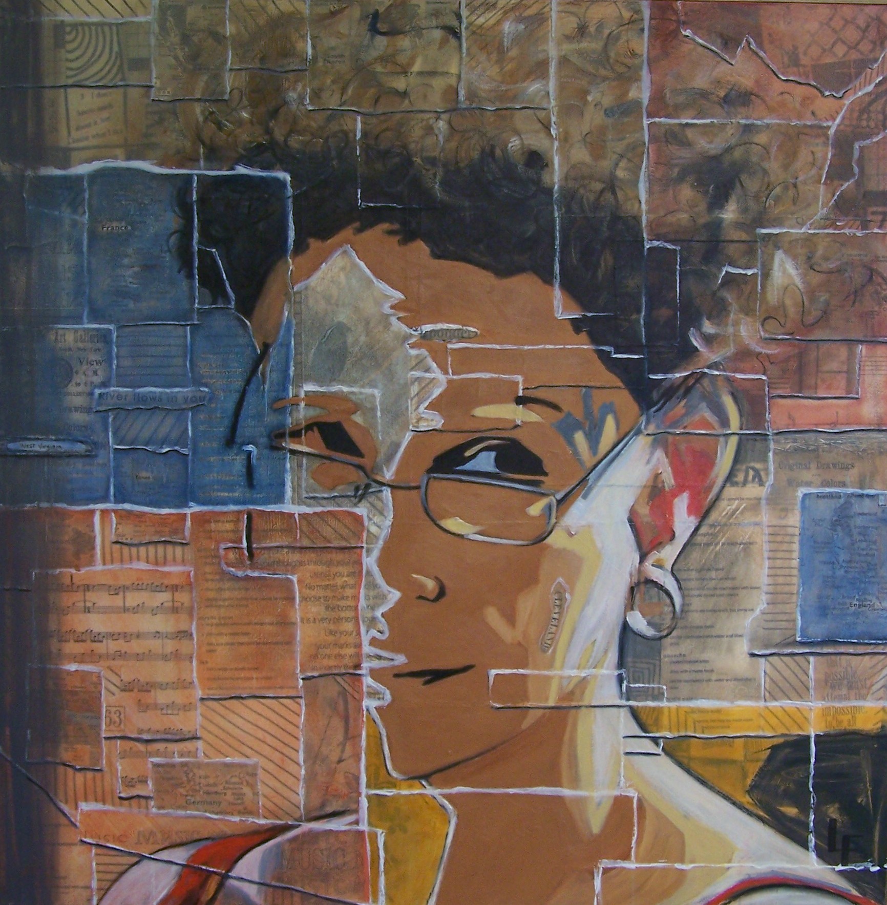 This collage features a painted portrait of a person with glasses and a guaged earlobe. The figure is shown from the shoulders up. The left side of their face is not fully painted, letting sharp geometric shapes obscure their form. Collaged music sheets, text, and patterns make up the background with white lines painted on the intersection of the forms. Black lines are painted on the bottom of the pieces, giving them more depth. Two words from the collage show through thair face. “Ponder” on their forehead, and “Cleveland” on their cheek. Their face is stylized, leaning towards a cartoonish appearance, but the paint on the right ear and shoulders give it a more realistic, dimensional  feeling.