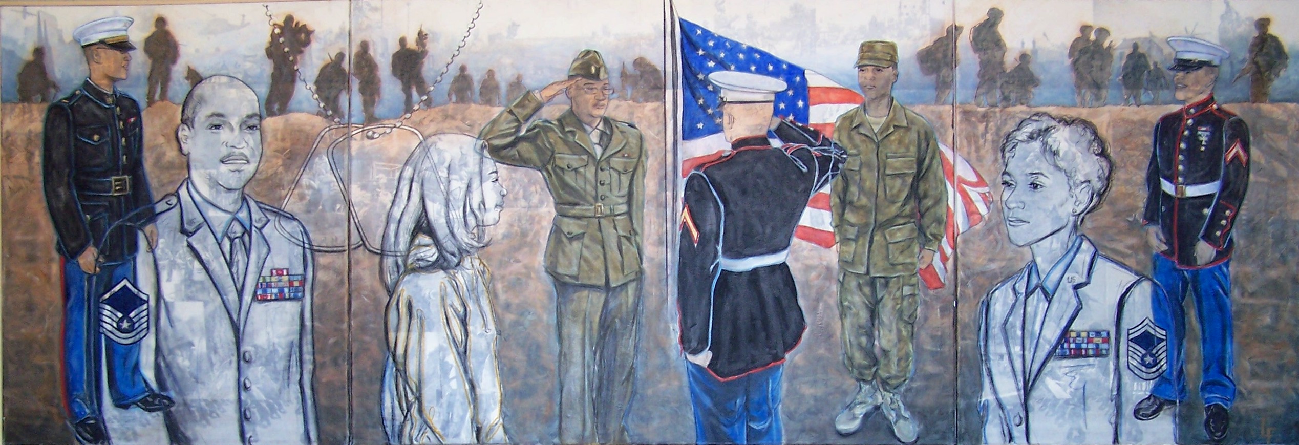 A four-paneled painting. It contains 7 US military figures in the foreground and one somen who doesn’t appear to be in uniform. Five are in color and three are painted in mostly white with black outlines and colors on their patches. Two central figures are saluting each other between an American Flag. The background has a high horizon where you can see many military members who appear to be in various stages of battle or deployment. A set of blank dog tags in the same white and black as the figures come in from the top of the work. 