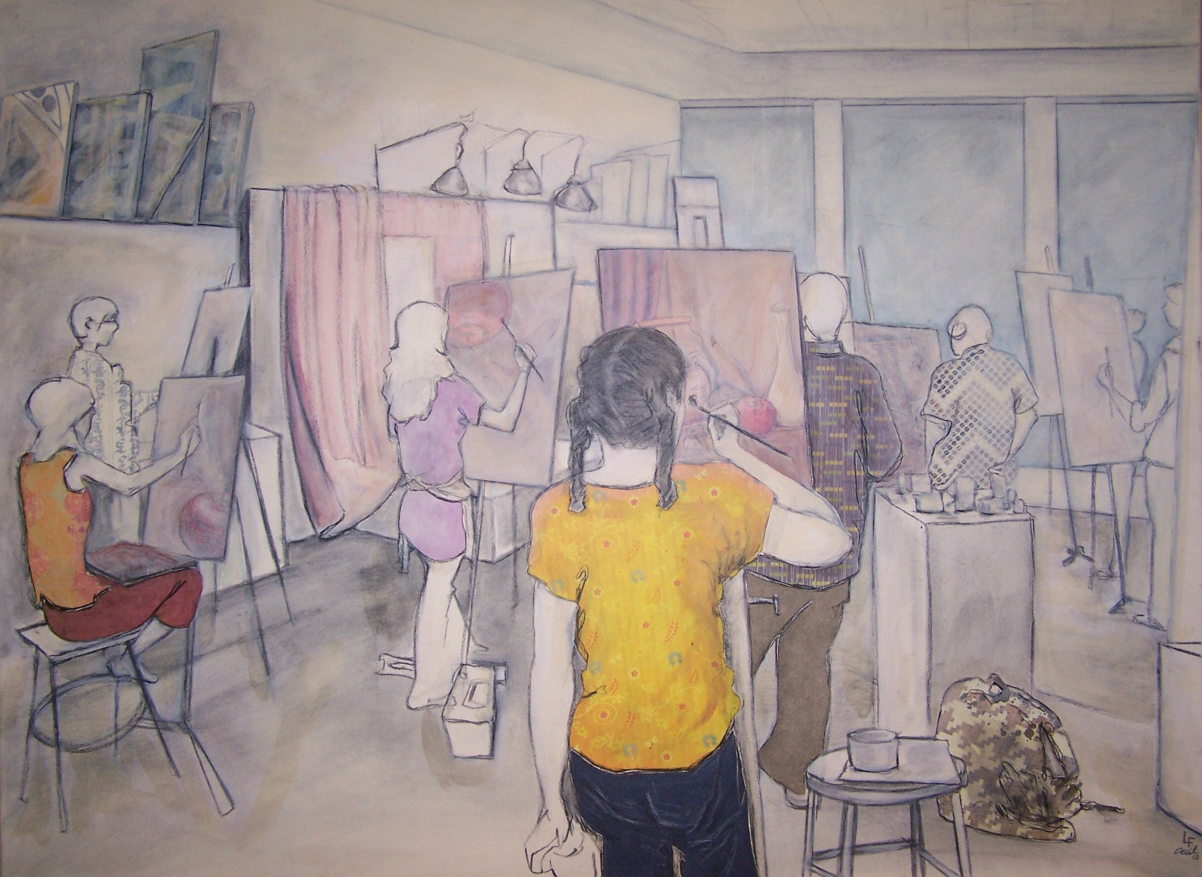 A collaged drawing of a studio art class. A figure in a yellow shirt and jeans is centered in the bottom half of the frame, cropped at the upper thighs. There are 8 figures working on a still life drawing, each less detailed as they move back in space. The drawing is very soft, giving the studio an atmospheric quality.