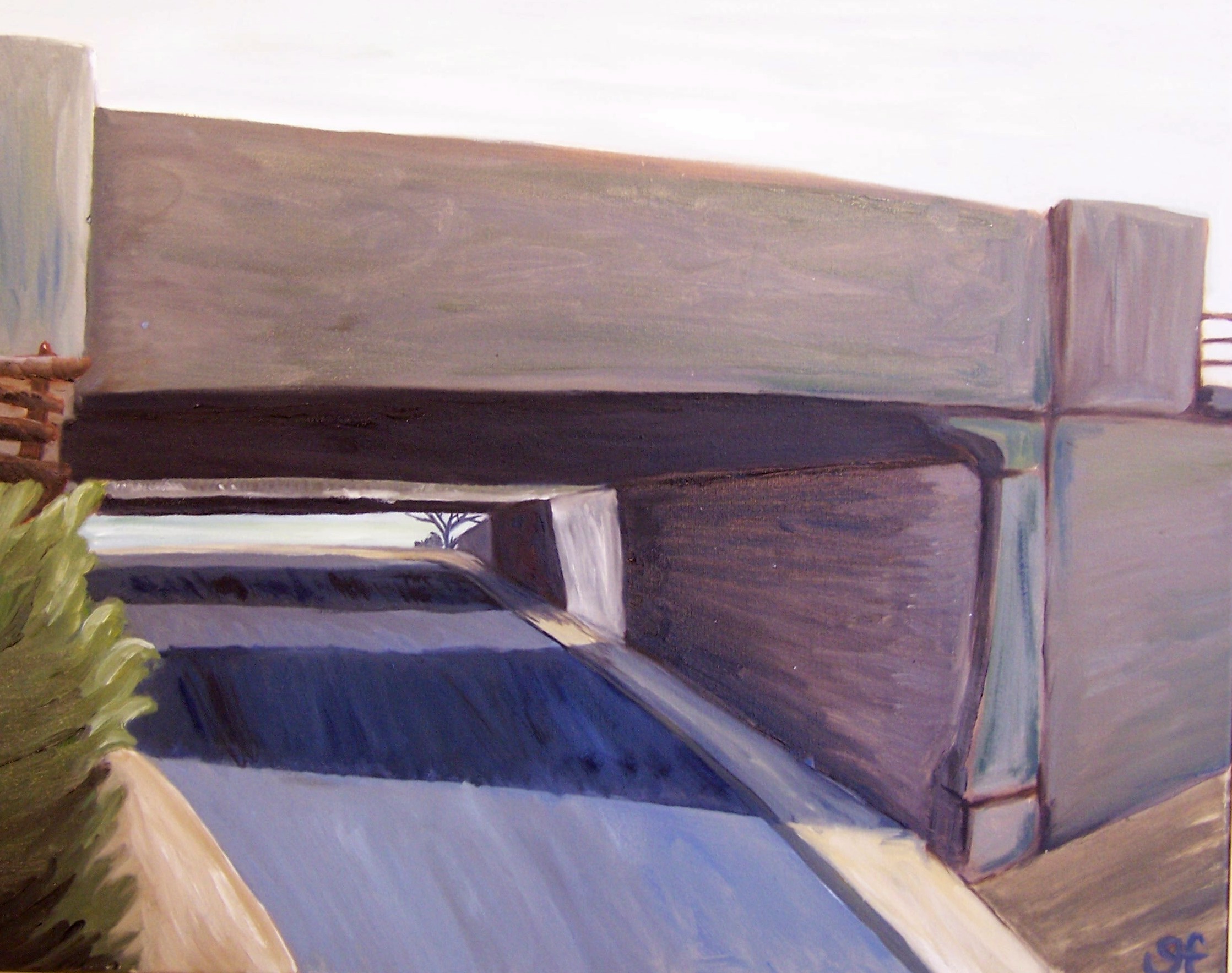 A painting of an overpass. The colors are muted. The sky takes up the top quarter of the image and there is a sliver of a rectangle that is also open to the sky above the road. The road appears to be very steep, sloping down toward the viewer. The overpass creates two dark geometric shadows on the pavement. Brushstrokes are visible. Most of the image is taken up with solid concrete and pavement, but there is a fence with horizontal rails on the top right and a wooden fence which echoes the other, but in greater detail on the left-hand side, situated above some greenery. The steep angle of the road is counter-balanced by a sidewalk moving in a diagonal upward in the bottom right-hand corner.