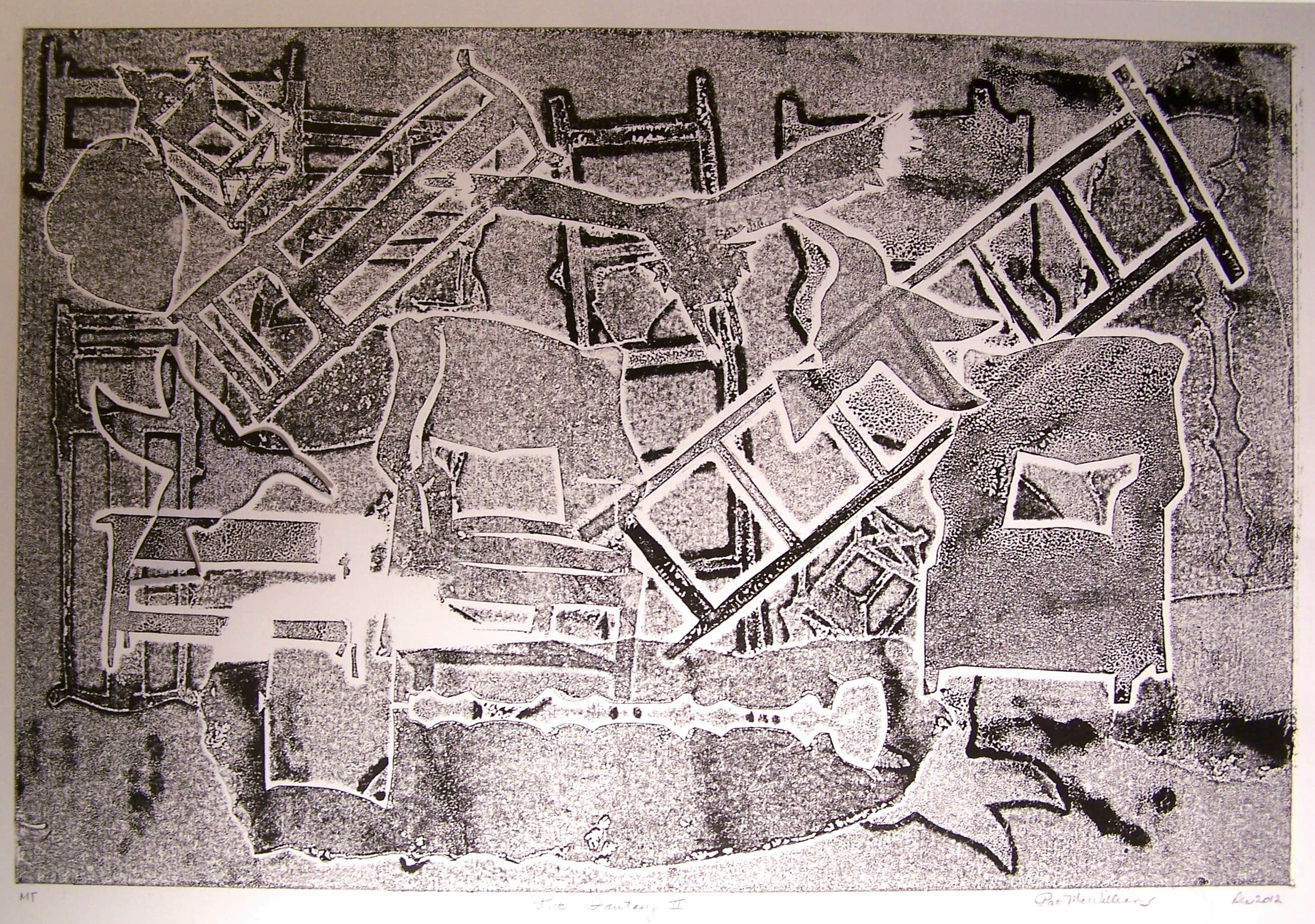 A collagraph collage of seemingly haphazardly placed pieces. Repeating silhouettes of chairs, ladders, birds, and other forms fill the page. The work is black ink on white paper. Some forms have bold, dark outlines and some have a halo of white around them.