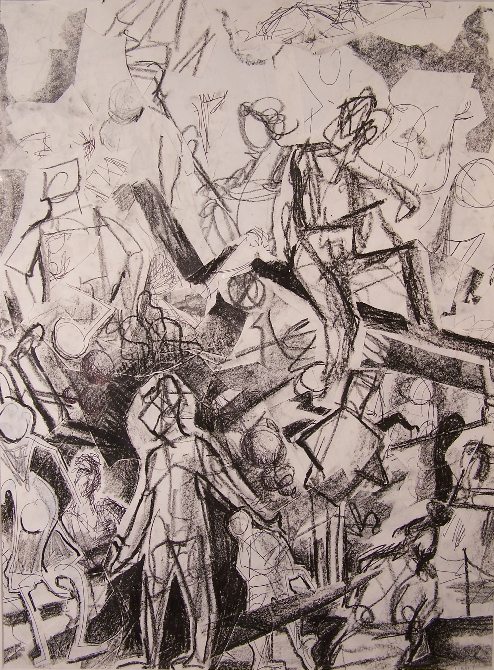 A collaged piece of a variety of sketchily drawn figures. It appears to be mostly charcoal, possibly some pencil or pen. The lower half of the work is darker and more densely packed with figures and shapes. It gradates to lighter, less filled areas towards to top of the piece. The figures are loosely and quickly put on the page, and collaged together to create a busy, movement-filled work.
