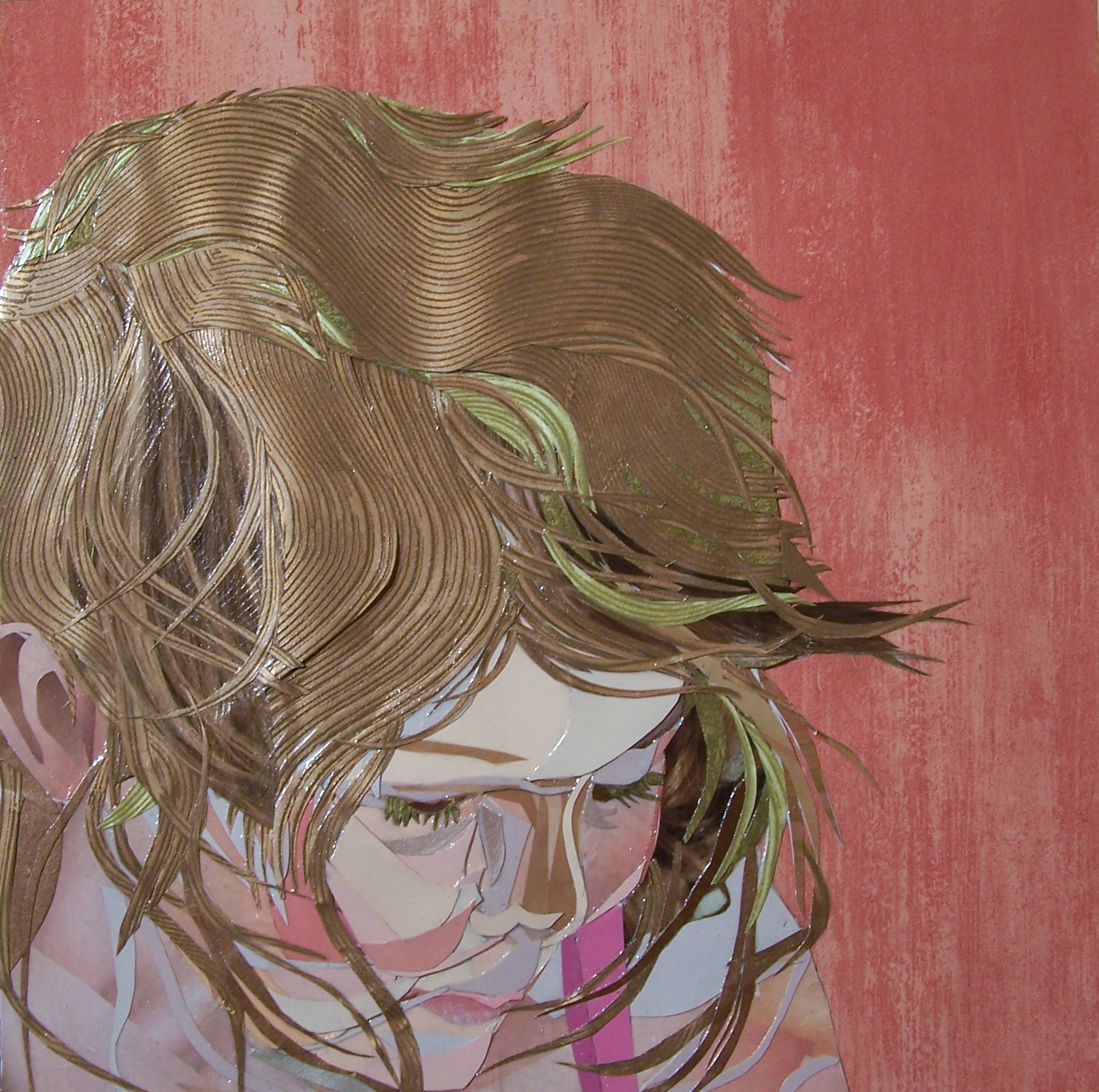 A lacquered paper collage of a young child. The background is painted with vertical strokes a variation of light red-orange and a more muted version of the same color. The child’s head takes up the majority of the work, but is positioned in the bottom left of the square. They are looking down and their chin touches the bottom of the paper with the majority of their hair taking up the work. The hair is textured and layered with wavy pattern and movement. Most of the face is comprised of flat areas of color, but others have gradations and may be made up of photographs. It appears to be windy with the child’s hair in motion, moving different directions.