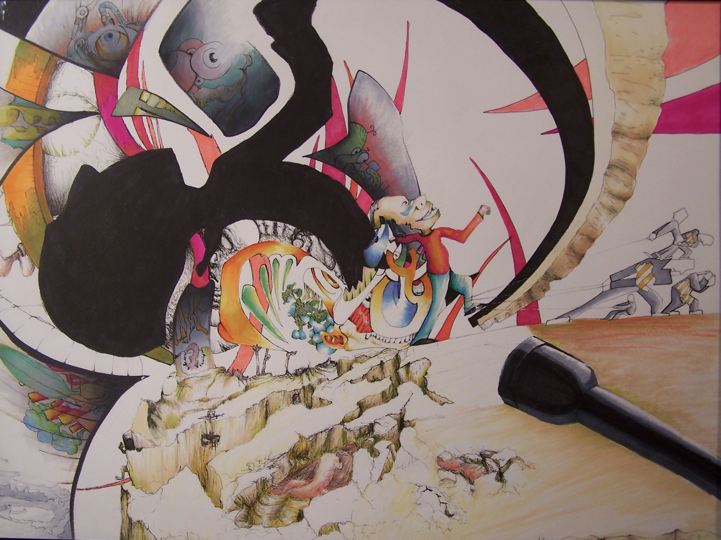 The work is a surrealist drawing of a flashlight shining onto the foreground of a dry, cracking landscape. A non-humanoid figure moves to the right, stepping on an arched shape. Being pulled by strings held by small geometric figures. The background consists of layers of creatures cropped out of shapes, and a large black silhouette.