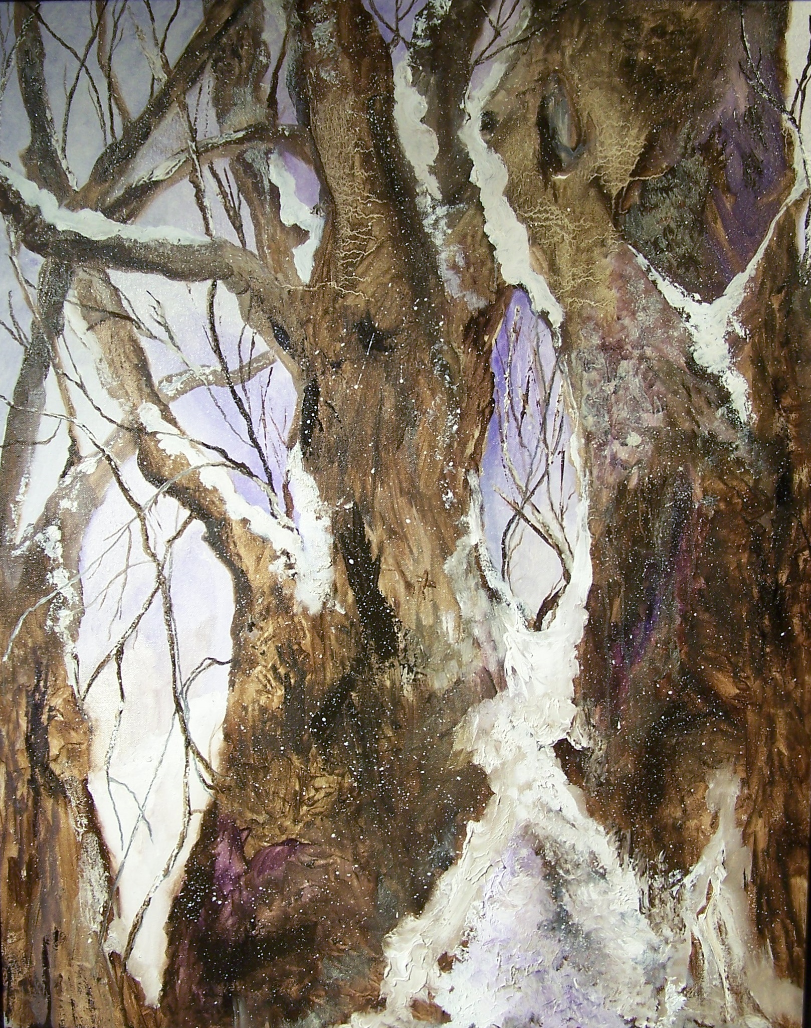 A painting of a close up view of a tree with snow on it. The main portion of the painting is taken up by tree trunks and there is a wintery purple sky beyond the trees. Branches with snow are visible in the background.