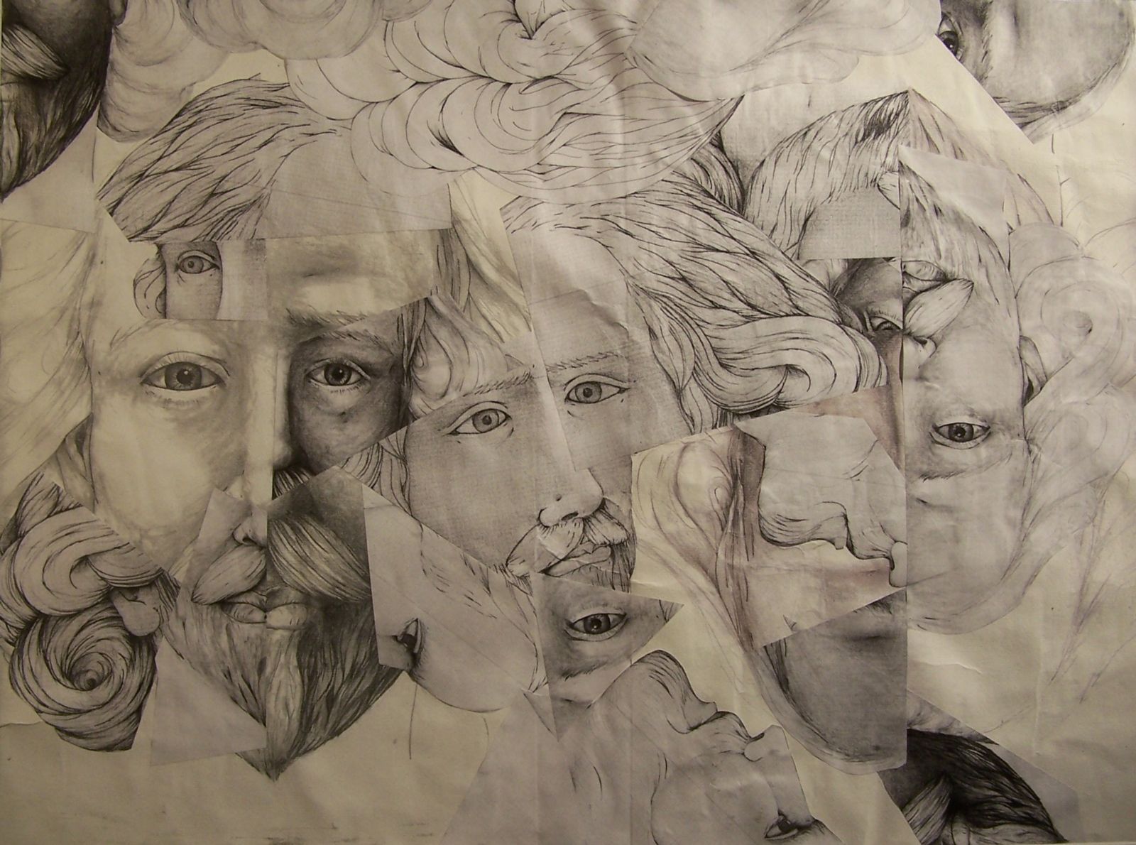 A paper collage featuring different views and renderings of a man’s face. The man has thick, stylized wavy hair, a short, pointed beard and a thick parted mustache. His image is cut up and spliced back together in multiple configurations and layers of portions of the face juxtaposed next to others. The middle of the collage initially feels like three portraits, but upon closer inspection, there are many more layers and details to consider.
