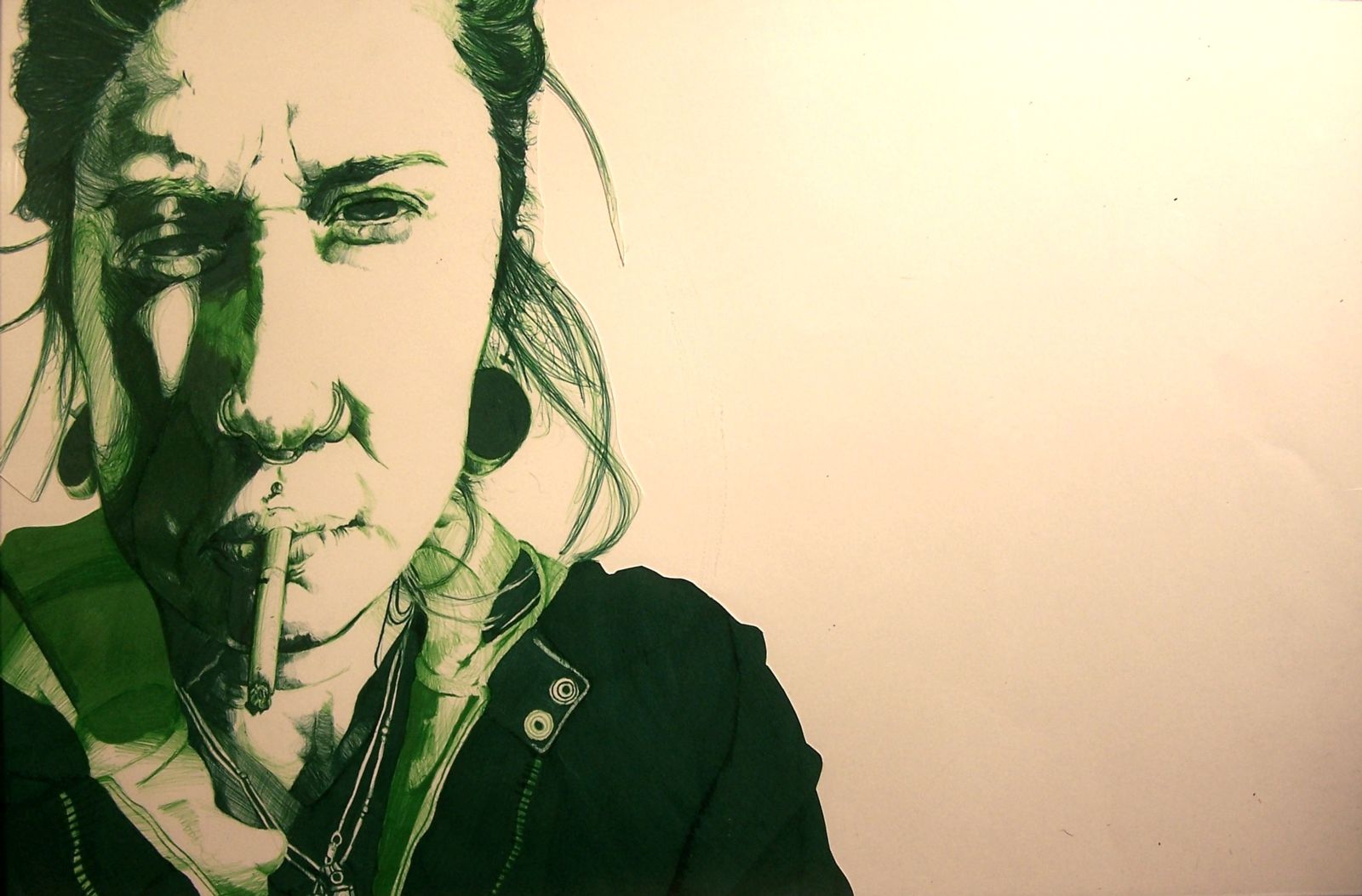 A drawing of an expressionless woman with a cigarette in her mouth and a furrowed brow looking strait at the viewer. She is cropped from just below her hairline to armpits and is positioned on the far left of the paper. The paper is an off-white and the drawing medium is green with dark green washes or layers to achieve an almost-black hue. There is very bright light coming from the right side of the page, leaving almost no detail to the right side of her face, while the left is in shade with strong highlights. She has a nose ring in each nostril, a septum piercing, large gauged earrings, and a lip piercing. Her hair is up, but there are a lot of flyaways. She is wearing a few necklaces, a v-neck, and a jacket.  
