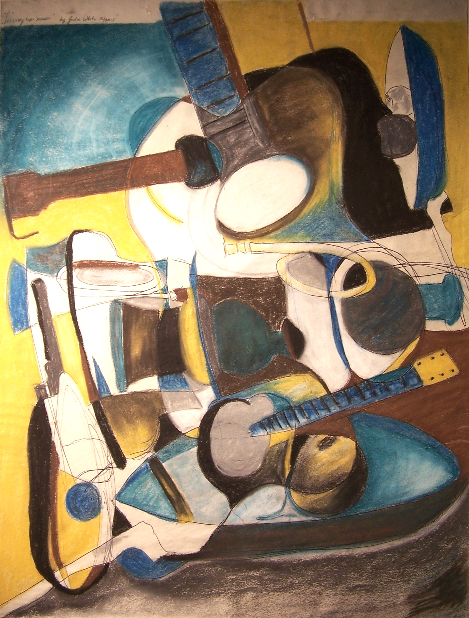 This black, brown, blue, yellow, and white pastel still life has a strong cubist influence. Multiple objects intersect each other, creating new and unformed objects. A guitar, lute, the mouthpiece of a horn, and frets of a stringed instrument are jumbled with bowls of fruit and other indistinguishable objects and shapes. There is a strong indication of bright white light and blue and black/brown shadow. A few shapes are gradated while others are solid colors. 