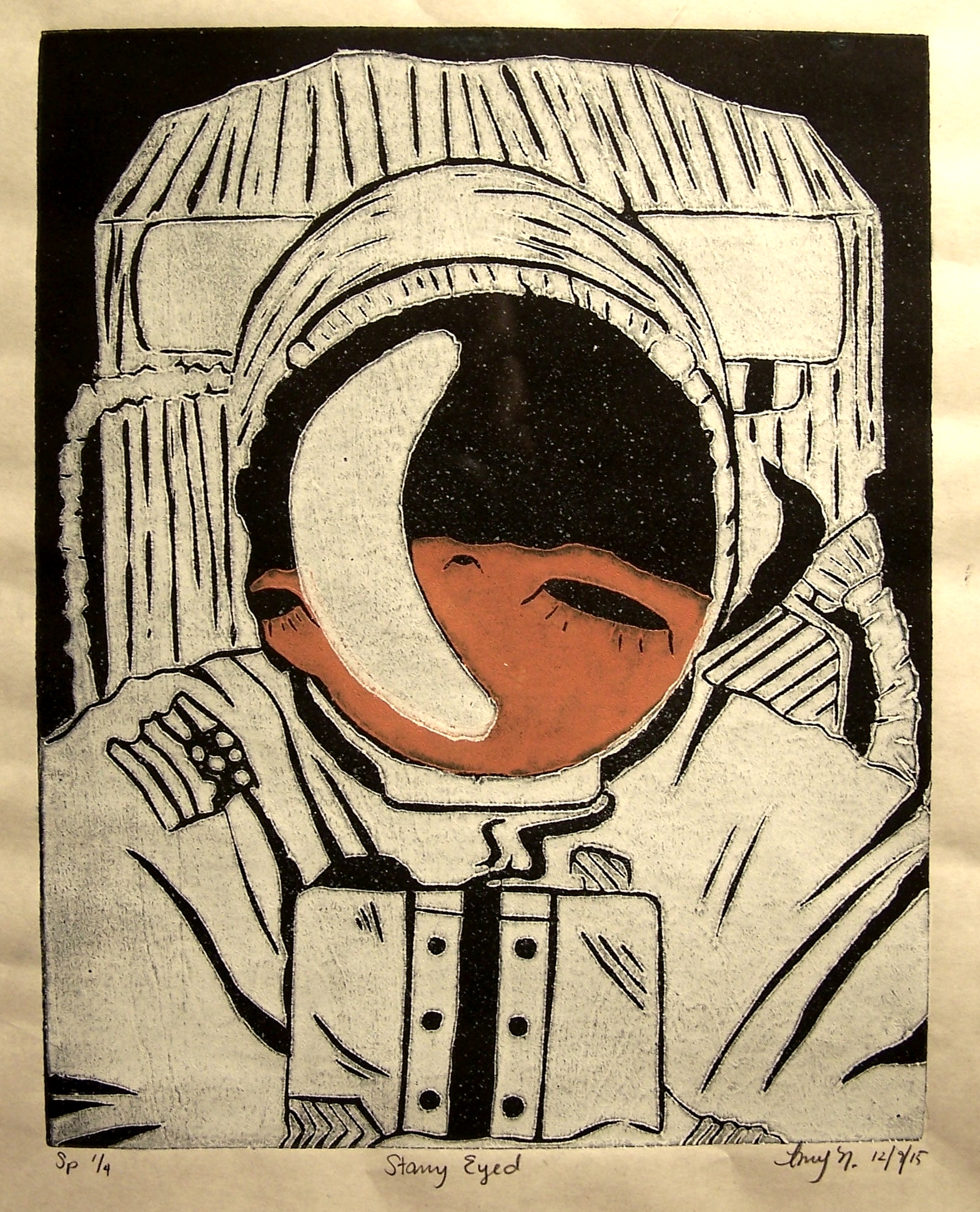 This is a black and white print of an astronaut suit. It is cropped to show some of the torso and the pack that is on the back of the suit. The face shield has a large reflection on it and shows a cratered red-brown moon surface. The small amount of background behind the suit is solid black.