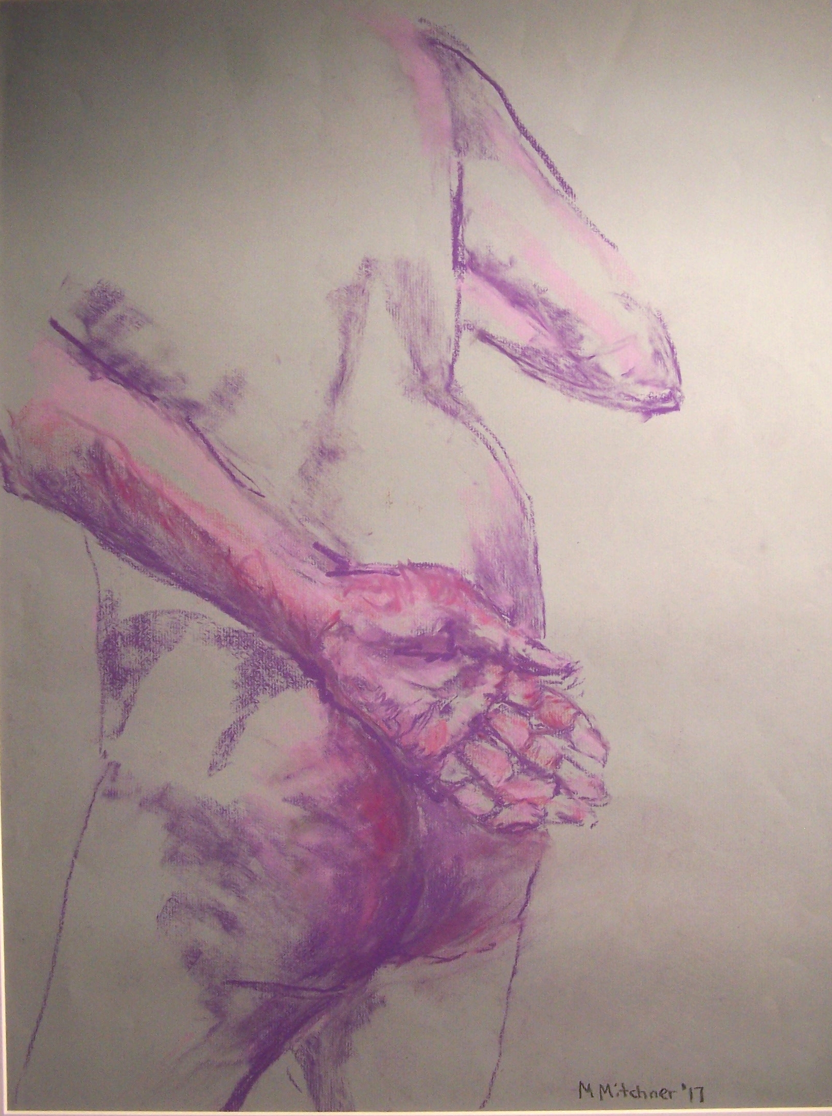 This pink and purple drawing on paper is of a nude figure with their right hand behind their back. The hand is facing towards the viewer and is highly rendered along with parts of the lower back and buttock. The figure is shown from the upper thighs to the upper back. The figure is situated towards the left-hand side of the composition with their right elbow pointing parallel to their left arm.  The mid and upper back are not rendered at all. Purple is used for most of the drawing, while pink is used sparingly and some fuschia is used on the hand and buttock.