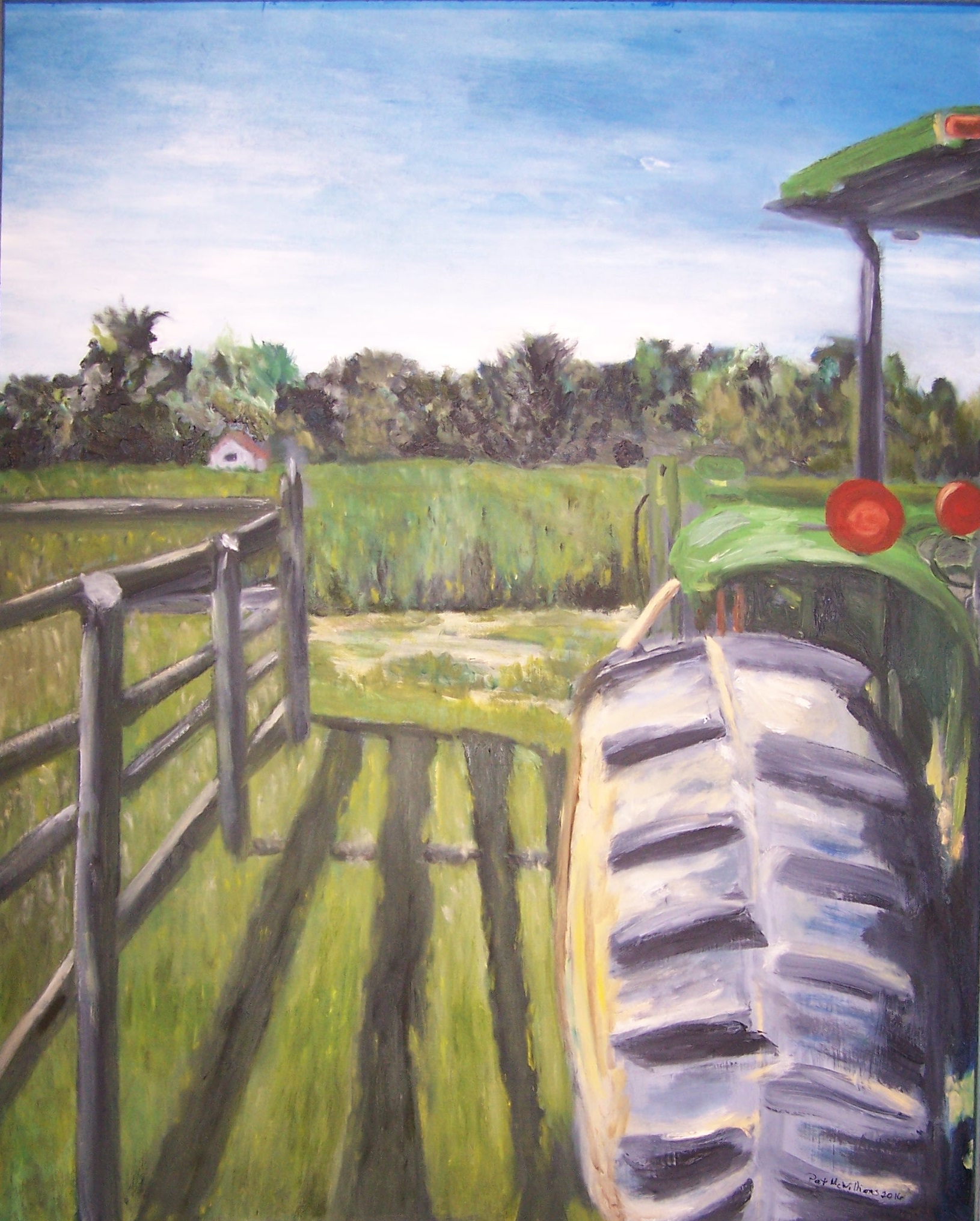 A painting of a farm landscape. In the distance a bright blue and white sky meets a row of trees that edge a farmers field. There is one small, red-roofed building in the distance. About halfway down the painting the field meets the foreground of cut grass and open dirt. On the left side is a fence illuminated from the left casting a shadow onto the grass. On the right is a tractor that is cropped showing only its left back side. It’s cropped on the bottom and reaches nearly to the top of the work. It’s bright red reflectors pop amongst the green of the landscape and tractor.