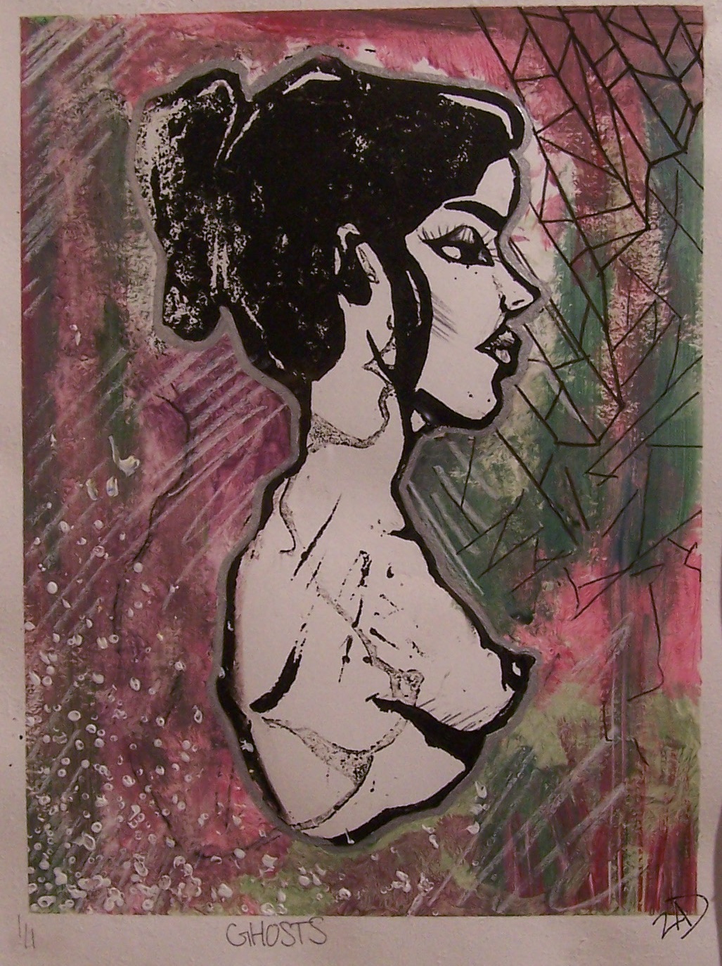 This print features a profile of a woman. The background is nondescript pinks and greens. White dots are added in the lower left corner and loose white lines activate the top left and bottom right. The top right background features black parallel lines whose connecting lines create triangles and trapezoids that break down into short lines further down the page. The woman in profile has her hair up and has stylized look, not dissimilar to cartoons from the 1930s. She is depicted from the mid torso up, is armless and nude. There is also a faint ghost print of her profile shifted to the left.