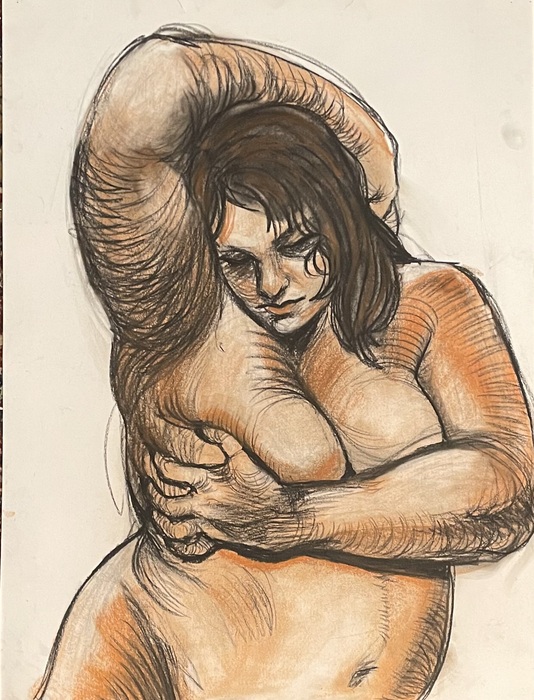 A slightly loose, duotone drawing, using black and a fleshy orange color, of a full-figured, dark-haired nude woman shown from the hips up. She is looking down. Her right arm encircles the top of her head; her left arm covers her breasts with her hand gripping into her flesh. Her right hip is angled up, giving the entire composition a soft S-shape. Contour lines within the body depict her form.