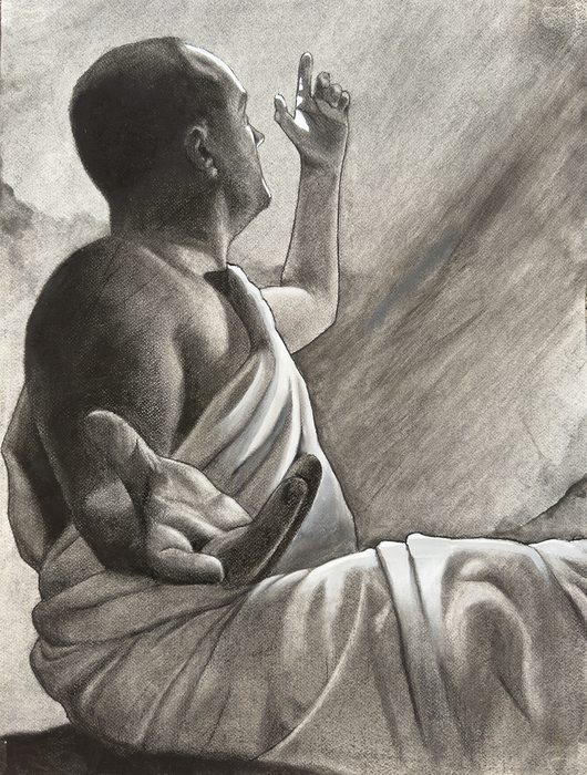 A realistic drawing of a seated male figure clothed in a toga, viewed from the side with his legs cropped out of frame. The figure’s right hand is reaching out towards the viewer while the left arm is bent with the index finger pointed up. There is a great deal of foreshortening making the difference of hand size believable, but striking. His head is turned away from the viewer, looking up past his left hand.