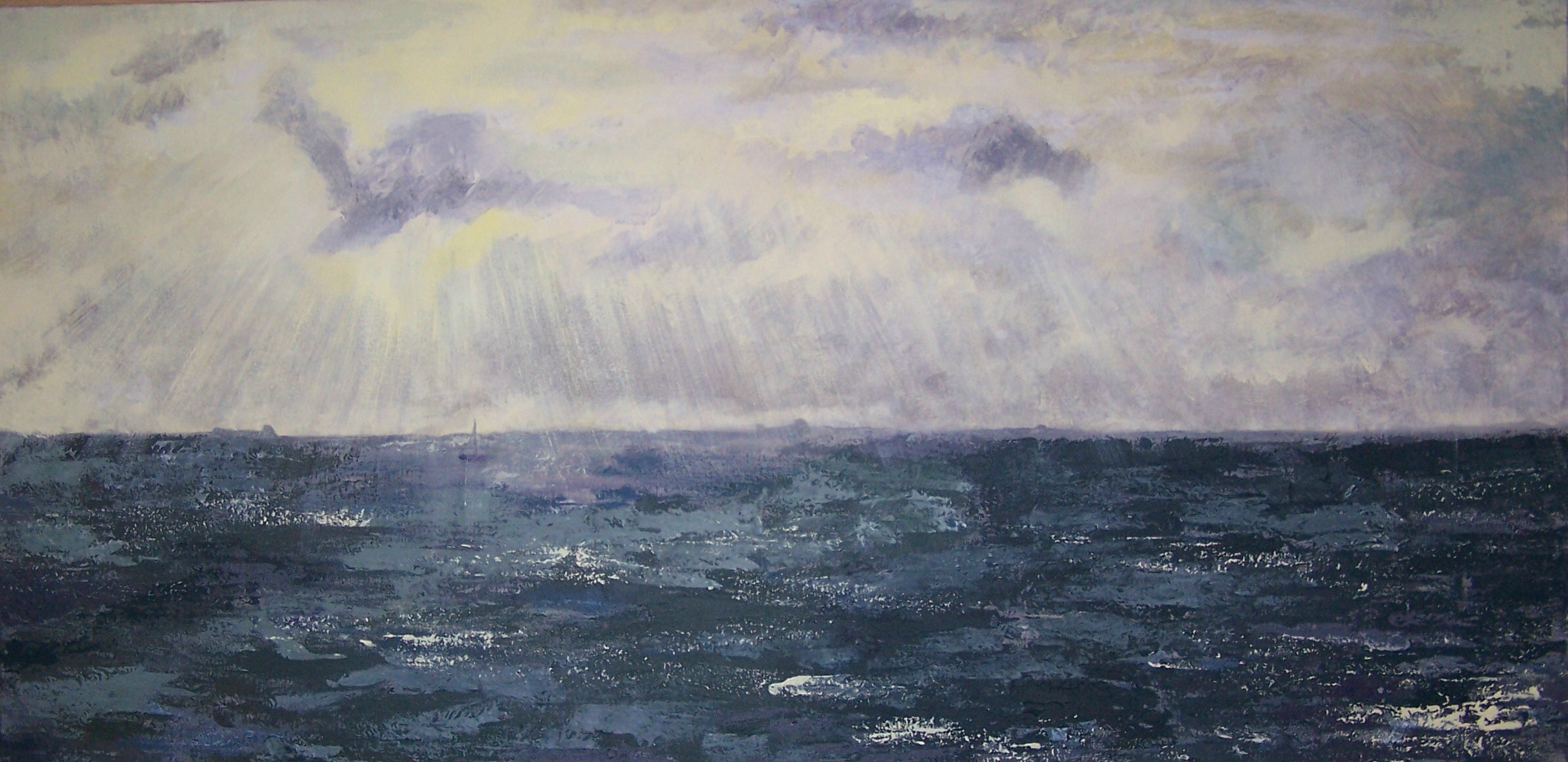 This horizontal painting is an abstracted landscape of the ocean. It’s over twice as wide as it is tall. The ocean consists of dark blues and aquas and lime bright highlights. Taking up over half of the composition, the sky is much lighter with pops of yellow, purple and cream. There are a few darker clouds in the sky and there are rays that shine down onto the water. There may bea small sailboat located about one third from the left of the painting.