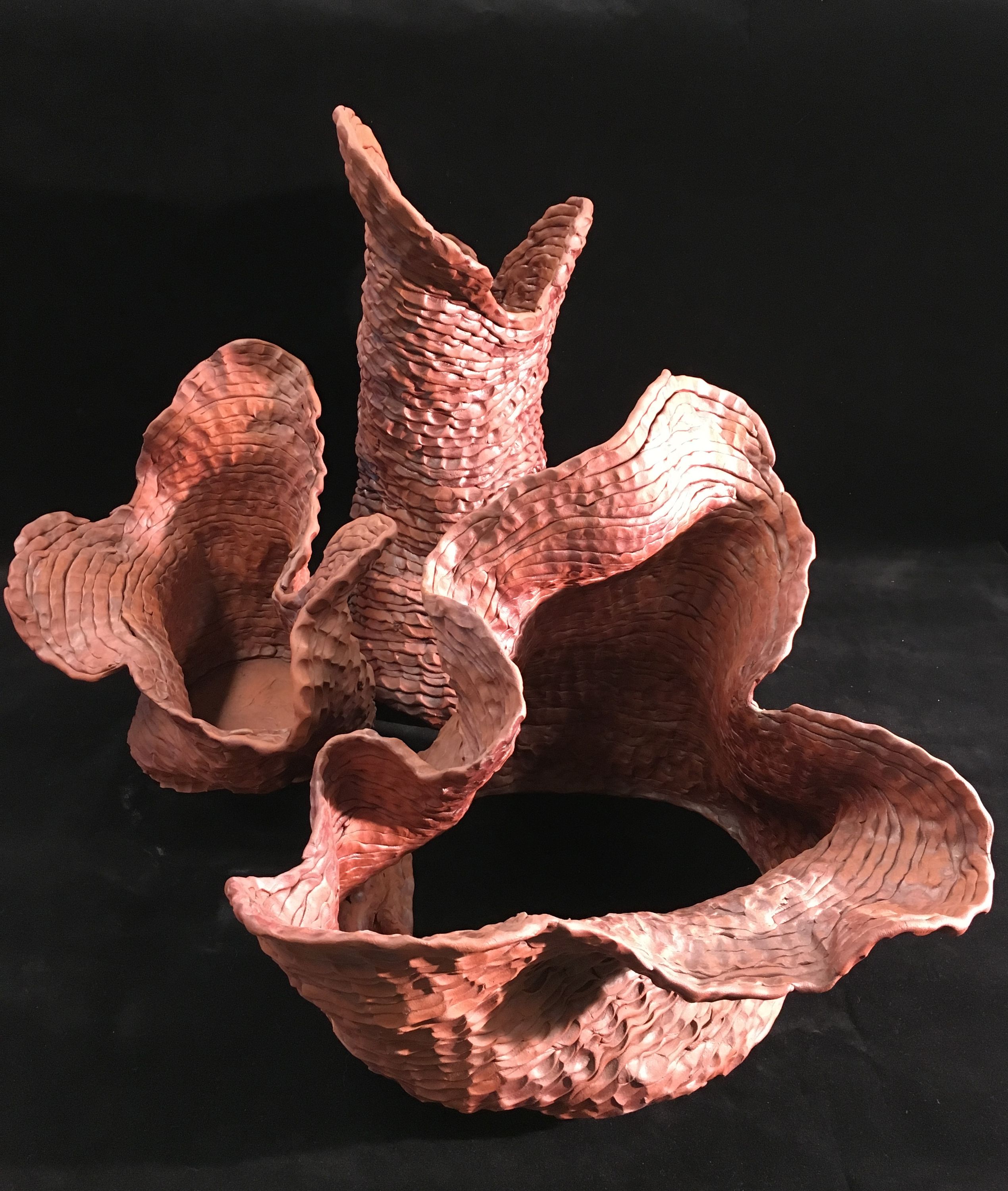 This ceramic work is three pieces grouped together. The pieces appear to be coil-built and have an organic textured surface. The forms ripple and reference underwater coral or eroded rock. The piece closest to us is the largest and has an open mouth to the viewer. It has a great deal of movement and a ribbon-like flow to the opening. A second piece is smaller but has the same undulating form, three almost petal-like extremities with an enclosed base. The third is a taller more cylindrical form with an asymmetrical V opening on top. 