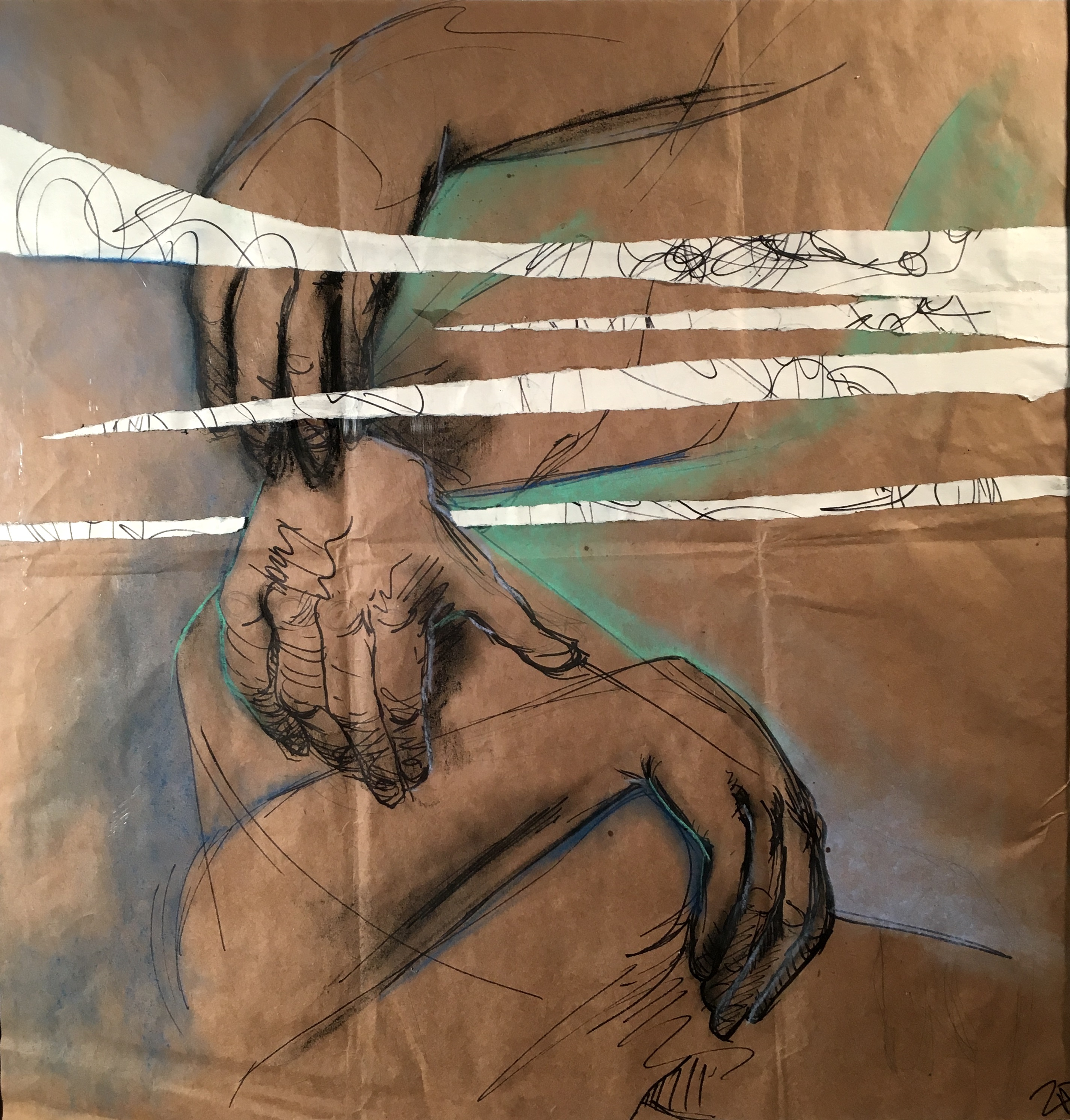 This collage appears to be on brown craft paper. Loosely sketched on the paper are three relaxed hands in marker with touches of charcoal. The bottom hand shows the mid forearm, wrist, and hand angled down at the wrist. It is coming in from the lower left hand side angling upwards. The middle arm is reaching from above from the right and intersects the lower forearm with its pointer and middle finger. It has a bit of foreshortening to the forearm. The top arm is angled down from the top right and overlaps the middle wrist with its pinky, ring finger and middle finger.  Thers is a lot of movement in the work and a few sketchy lines outside of the arms and hands. Touches of blue and green pastels are added to the exterior lines in areas, making the hands visually move forward. On top are four torn pieces of white paper in various widths and lengths. They have black scribbles are added in front of the hands in places and are cut to appear to continue behind the middle hand.