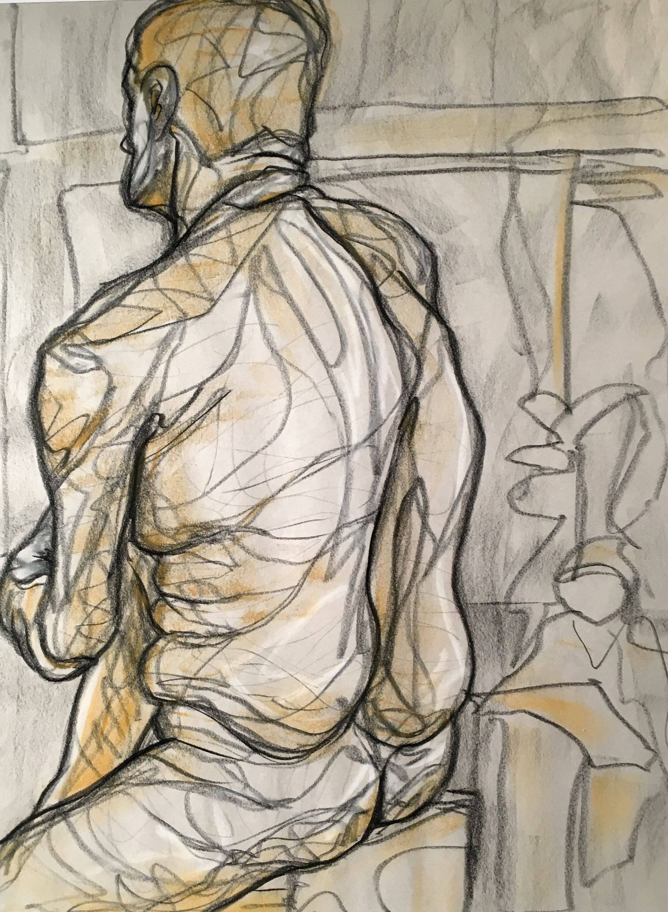 This drawing on paper is of the back of a seated male nude. He is facing to the left and takes up the left two thirds of the composition. He is shown from mid-thigh to almost the top of  his head. The lines are fast and sketchy, filling the page. The contour lines of the figure are in a dark charcoal while interior lines are lighter gray and move throughout the form. Loosely depicted non-descript items are in the background. An orange pastel is used to depict the shadow areas of the form and background.