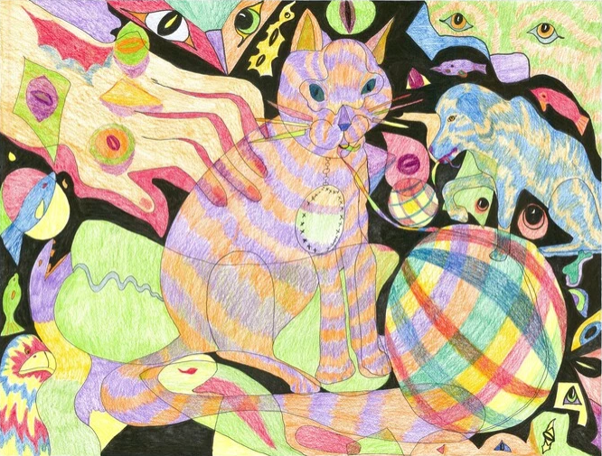 A colored pencil drawing of various items collaged and overlapping one another. In the center is a prominent cat with a large hand reaching down to pet it. This is surrounded by a ball, dog, eyes, fish, a bird, snake, while non-descript shapes fill the space, overlap each other and the figures. Black shapes are filled in bringing the figures and shapes forward. Bright, non-realistic colors are used and the abstracted, organic shapes and figures have multiple bands of colors within the shapes. 