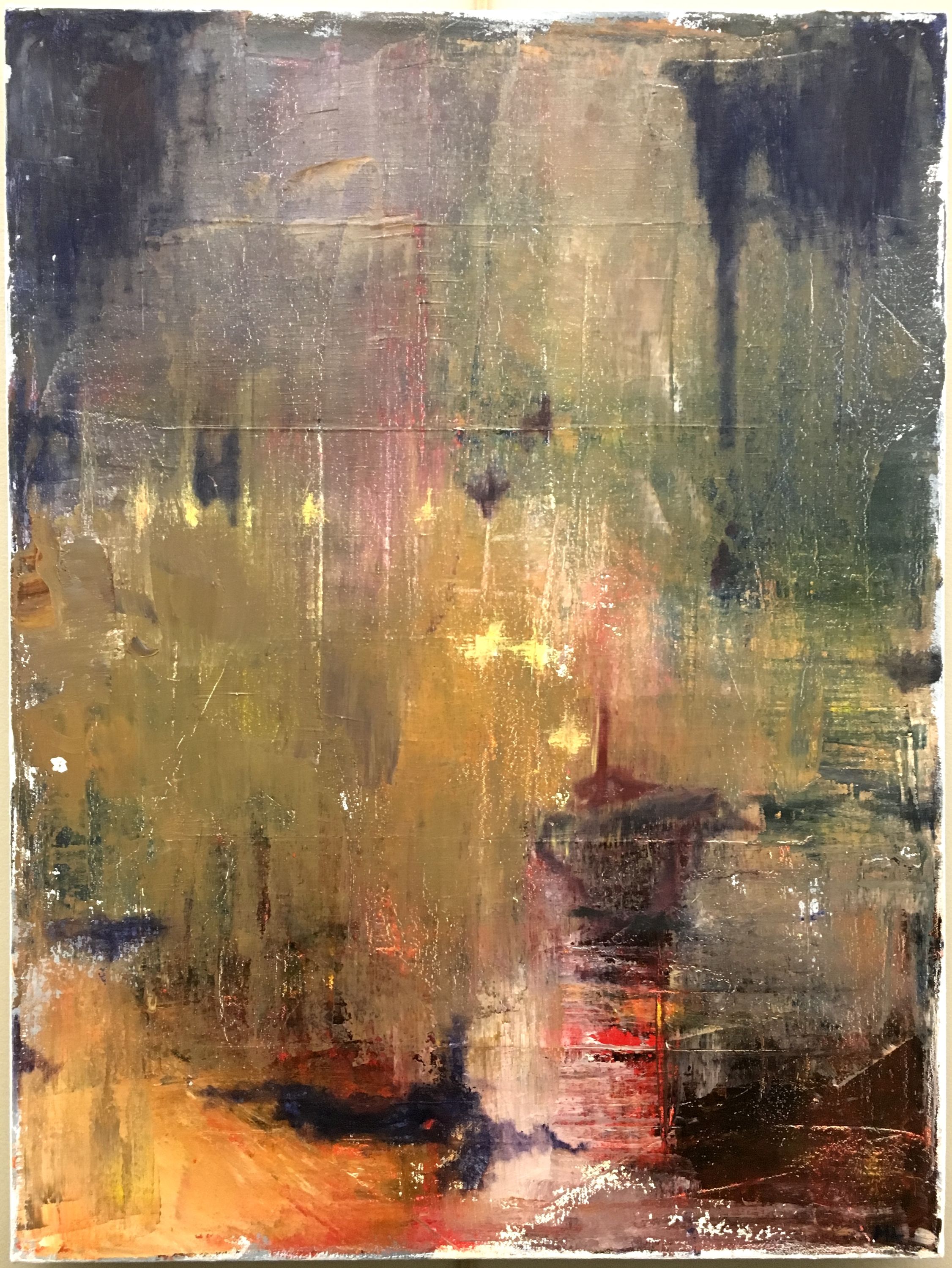 This nonobjective work has the feeling of an impressionistic landscape. There are points of warm yellow that read as lights in the night and the work has loose swaths of blue, green, teal and pink in the upper half, while the lower adds in muted yellows and dark red and blue shapes that could read as ships or other vessels on water. The bottom of the piece also has loose areas of bright orange and dark brown.