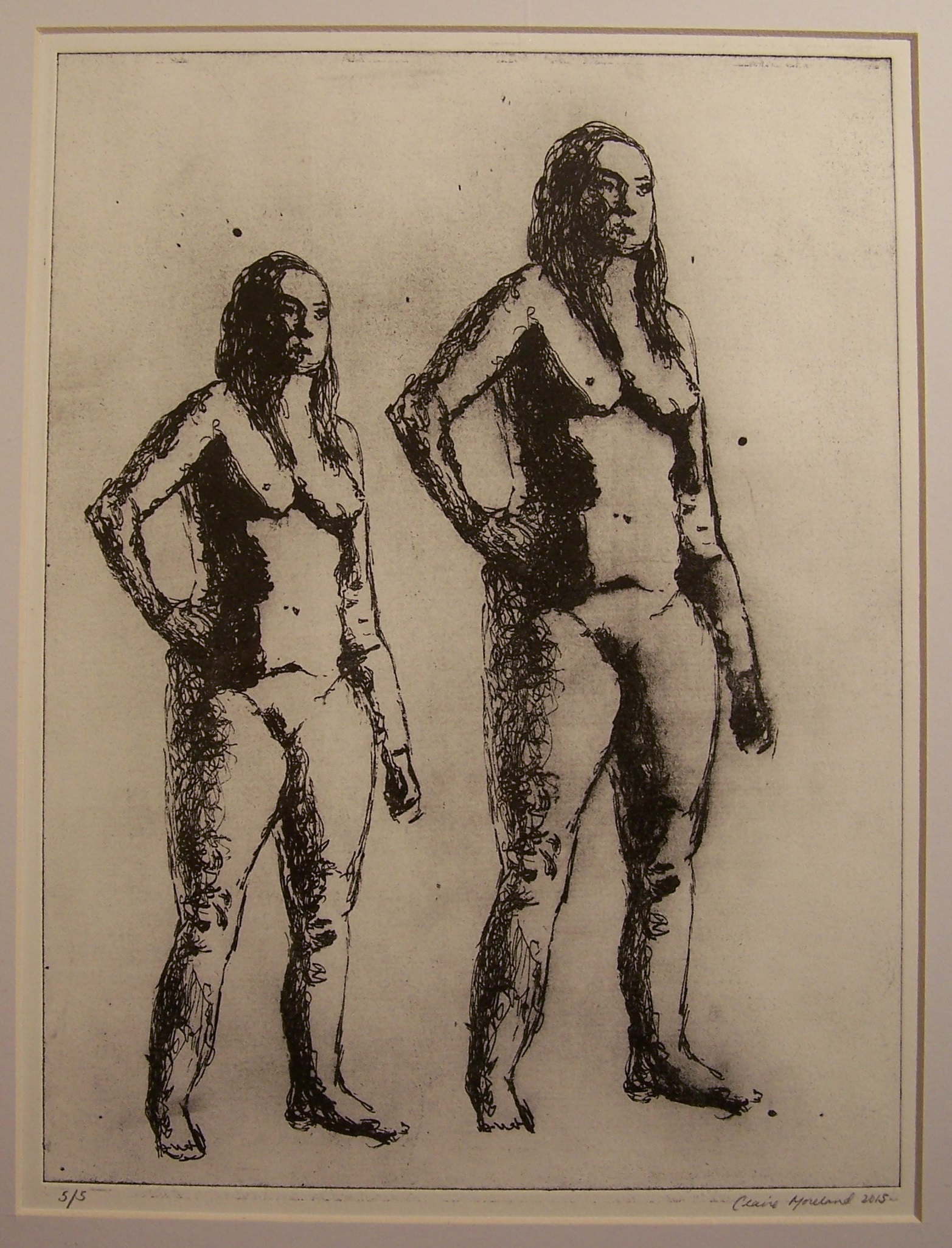 This print consists of two identical nude female figures, but their sizes are different. The female on the left is smaller than the one on the right. The strokes and details in the loose drawing are the same on both except the larger one on the right is missing the line that completes her toes on her right foot. The larger one also has some more shading or blurring of areas as opposed to the figure on the left. They have their right hand on their hip and look up to the right. There are also some small ink spots throughout the background.