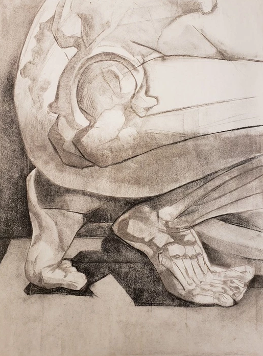 A charcoal drawing of a crouching person leaning forward. The left knee is on the ground white the right knee is up. The image is cropped to show only a small amount of torso, hips and both feet beneath. The hip joint, and bones in the lower right leg and foot are shown though the skin similar to an x-ray.