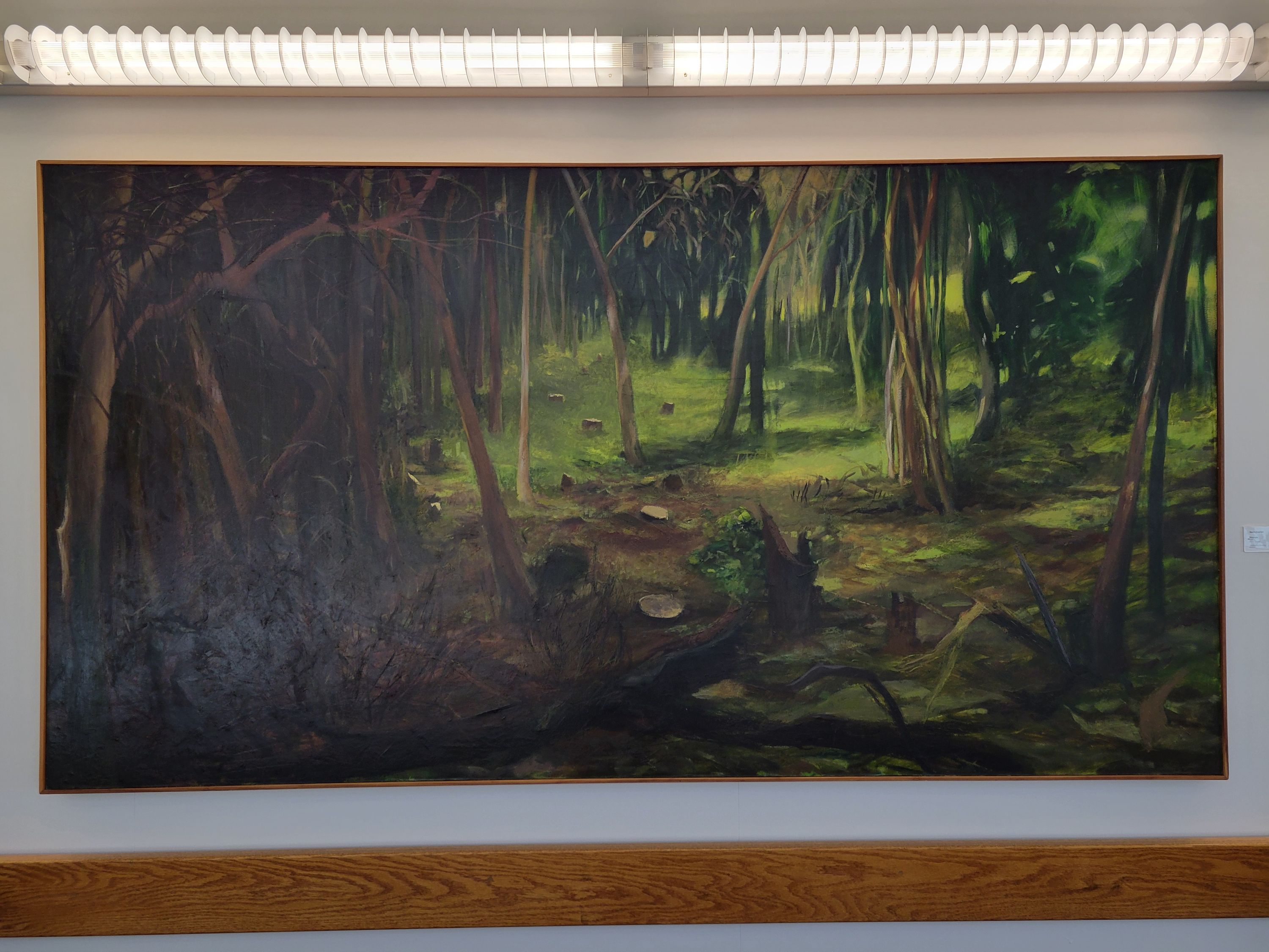 Stumps by Jean Koeller. A nature scene full of trees. In the center of the painting is a grouping of stumps where the cut trees remain