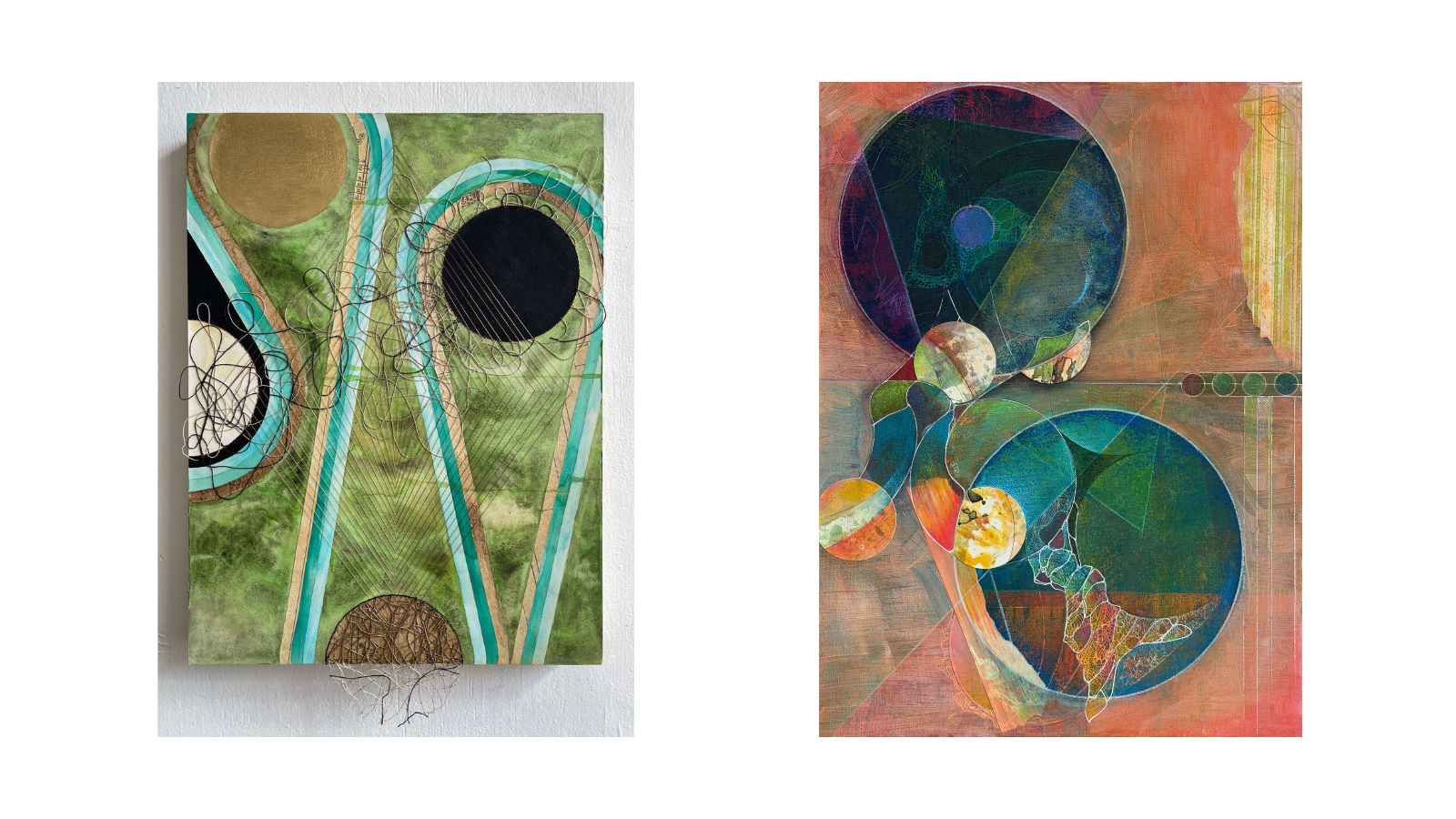 Elisha Frontz, "Title: Nature Abhors a Vacuum," 2025, Mixed media, 24 x 18 in. Roxanne Grooms, "Alike But Different," Mixed media on canvas, 24 x 18 in.