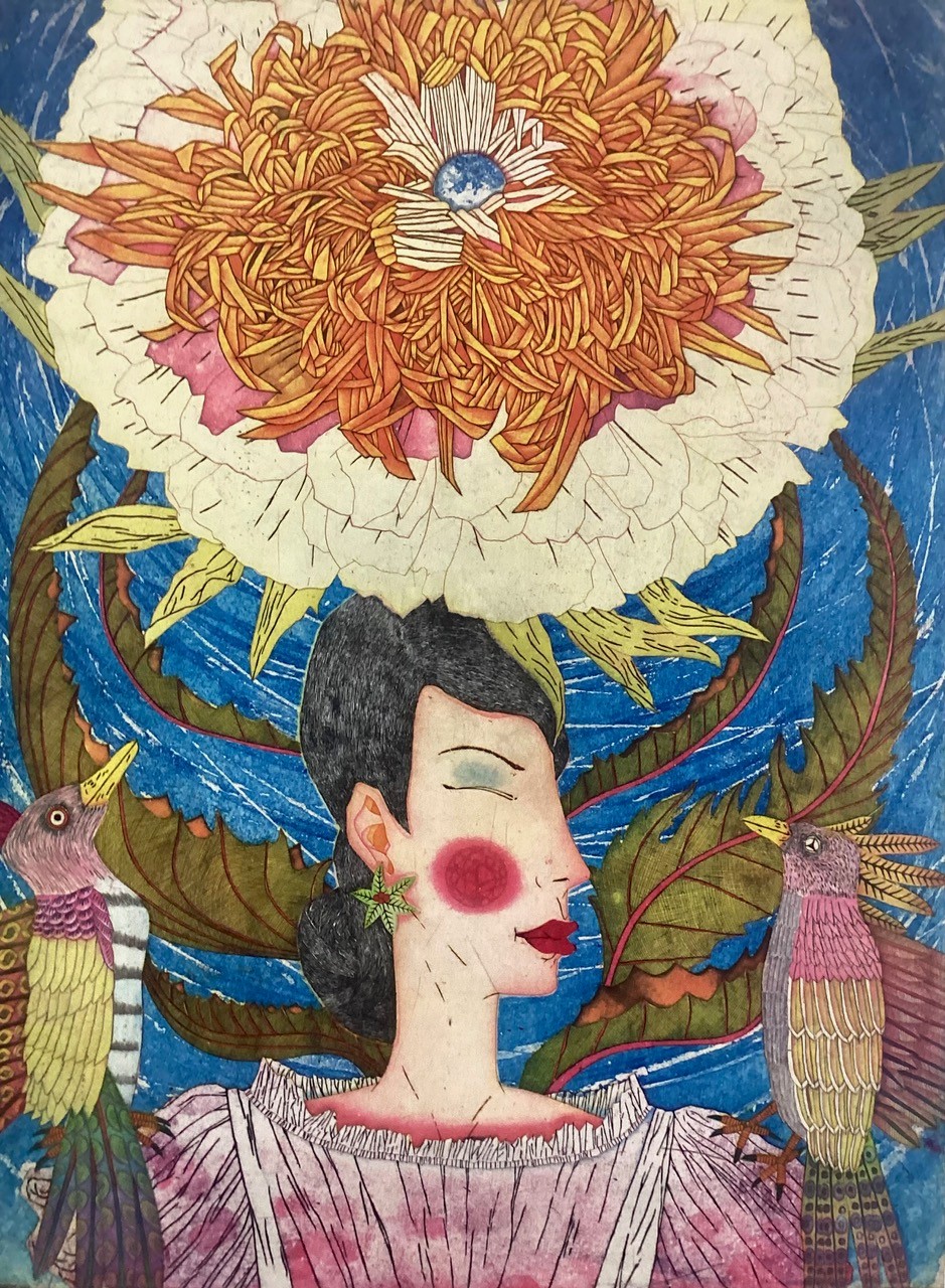A print by Yuji Hiratsuka. It depicts a woman, her face turned to the right with a very blush cheek. Birds sit on either shoulder. Above them in a chrysanthemum flower blooming in white and yellow and pick. A swirling blue sky behind them all.